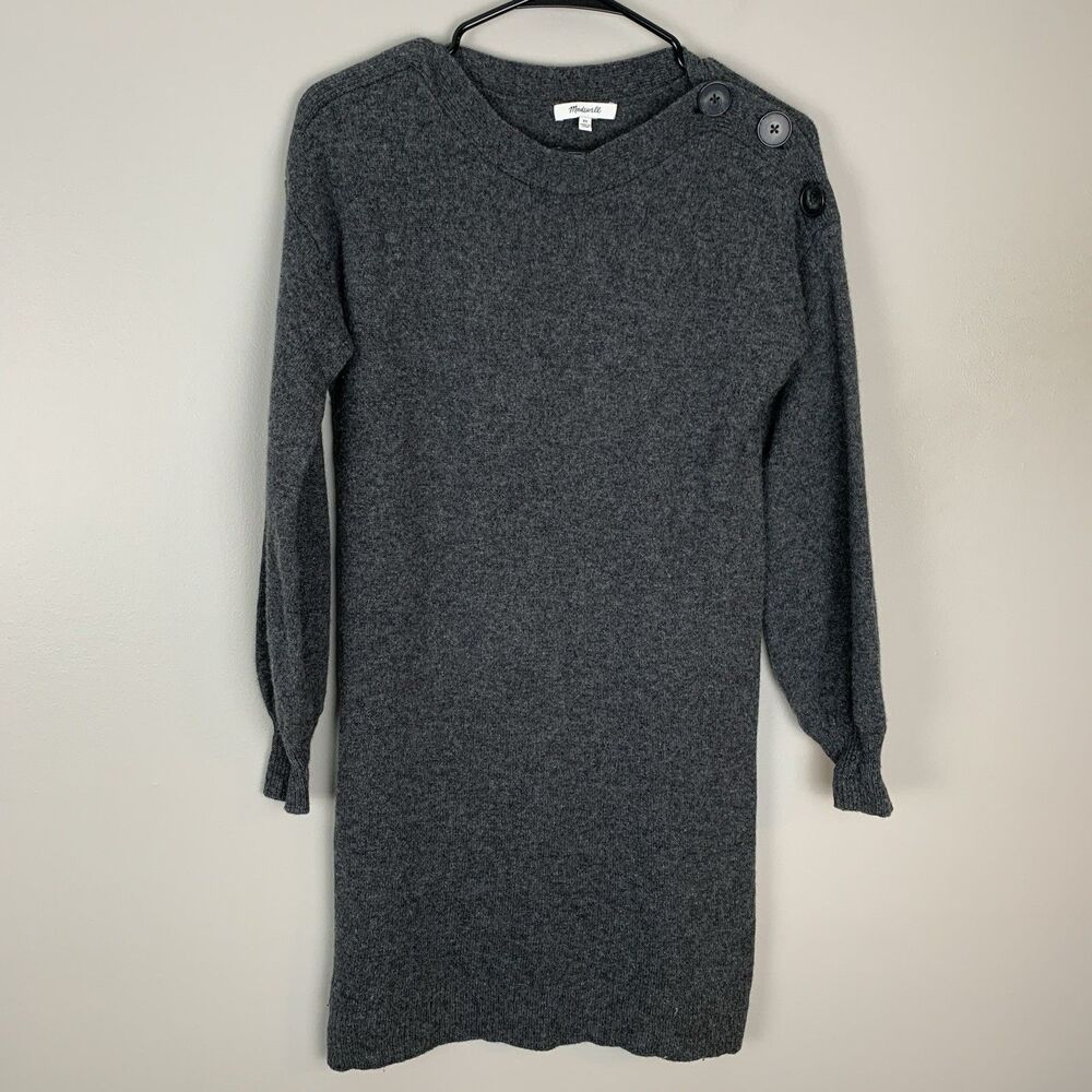 Madewell Women Sz XS Merino Wool Sweater Dress Grey Long Sleeve Button Shoulder